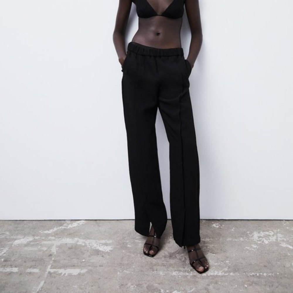 Black Zara High-Waist Textured Elastic Waist Relaxed Slit Hem Pants (NWT)